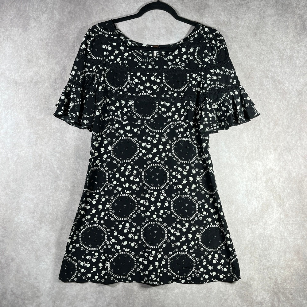 Free People‎ Mini Dress Womens 4 Black White Geo Floral Short Sleeves Party Boho